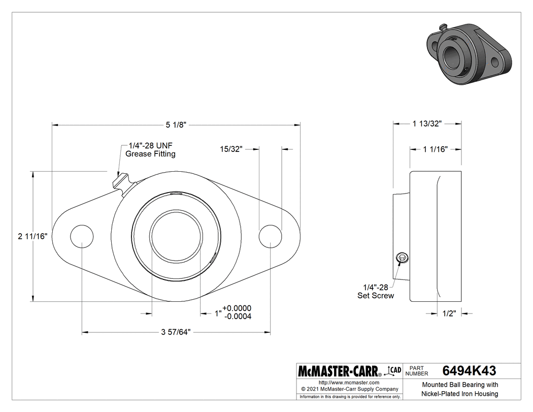 Technical Drawing of Mounted Ball Bearing with Nickel-Plated Iron Housing, Two-Bolt Flange, for 1" Shaft Diameter.